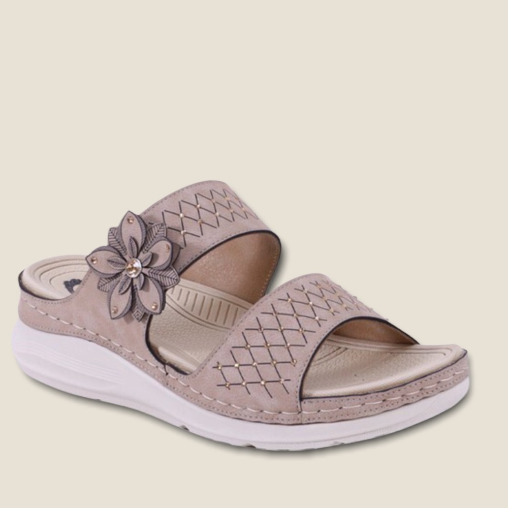 2 Left Italina Tan Comfort Flower Rosette Slip-On Wedge Heel Padded Slide Sandal